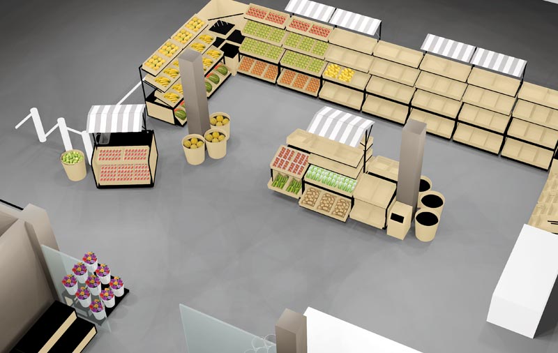 Obst- und Gemüsabteilung in 3D